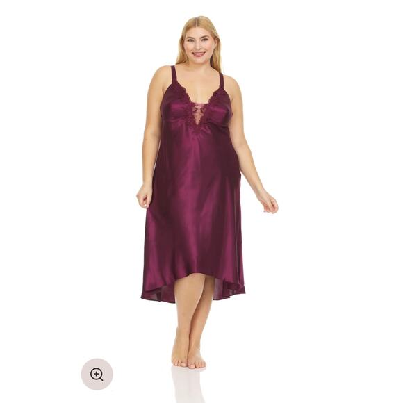 Flora Large Dark Wine Raspberry Nightgown Sexy Satin Lacy Large Hi Low - Picture 9 of 9